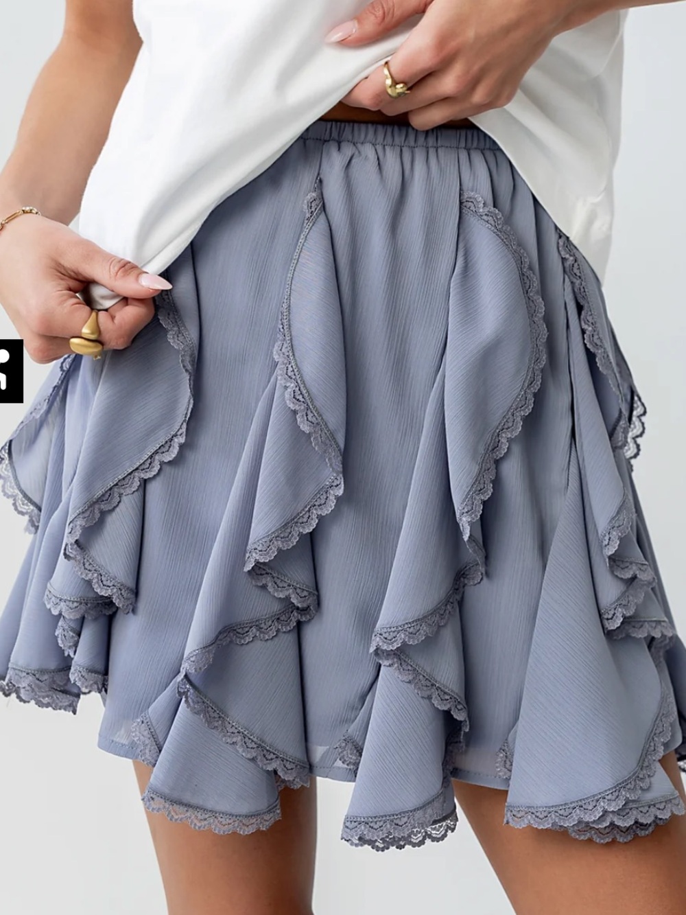 bohme Dusty Blue Ruffled Lace-Trim Skater Skirt